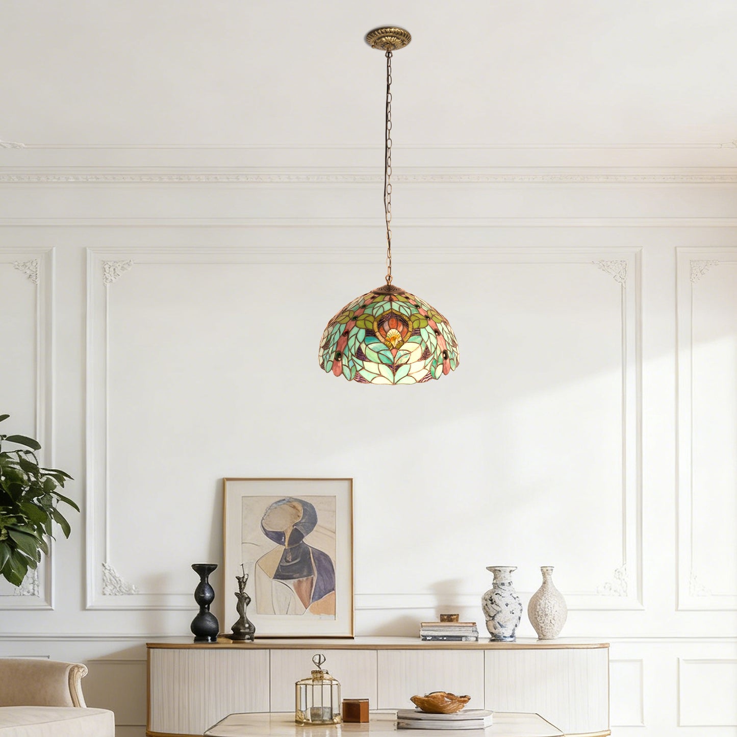 Peacock Feather Leaf Stained Glass Pendant Light - Antique Copper Adjustable 1-Light E26 Lamp Bulb Not Included