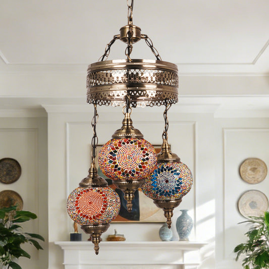 Turkish Mosaic 3-Light Chandelier - Antique Bronze Adjustable Pendant Lamp Includes Warm Light Bulbs, Bohemian Style