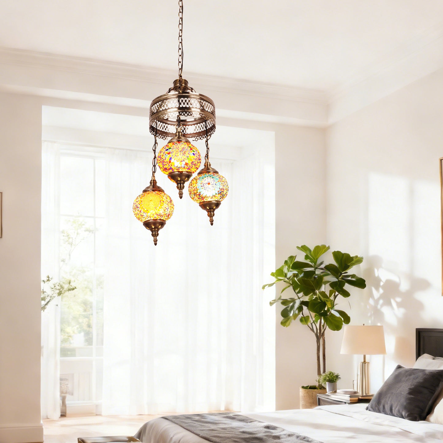 Turkish Mosaic 3-Light Chandelier - Antique Bronze Adjustable Pendant Lamp Includes Warm Light Bulbs, Bohemian Style