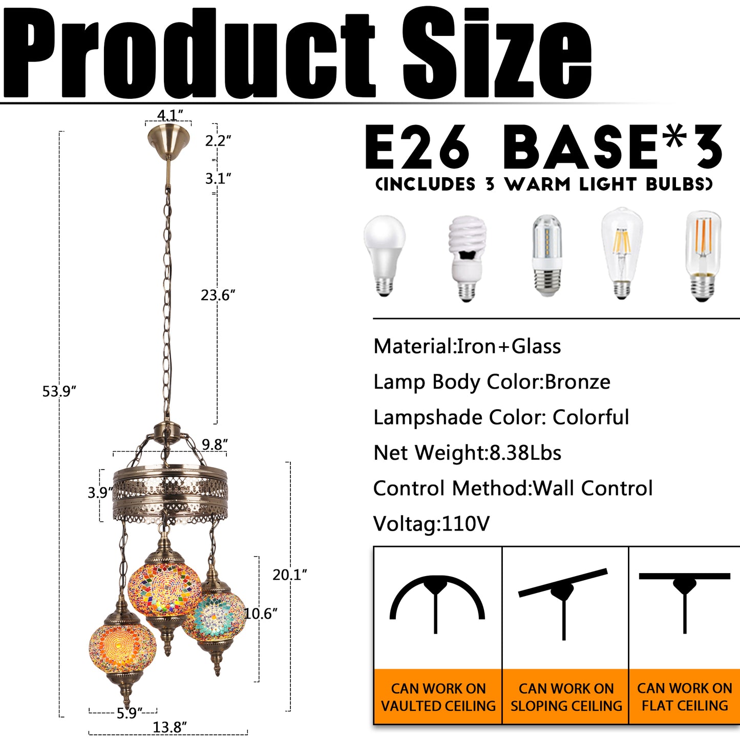 Turkish Mosaic 3-Light Chandelier - Antique Bronze Adjustable Pendant Lamp Includes Warm Light Bulbs, Bohemian Style