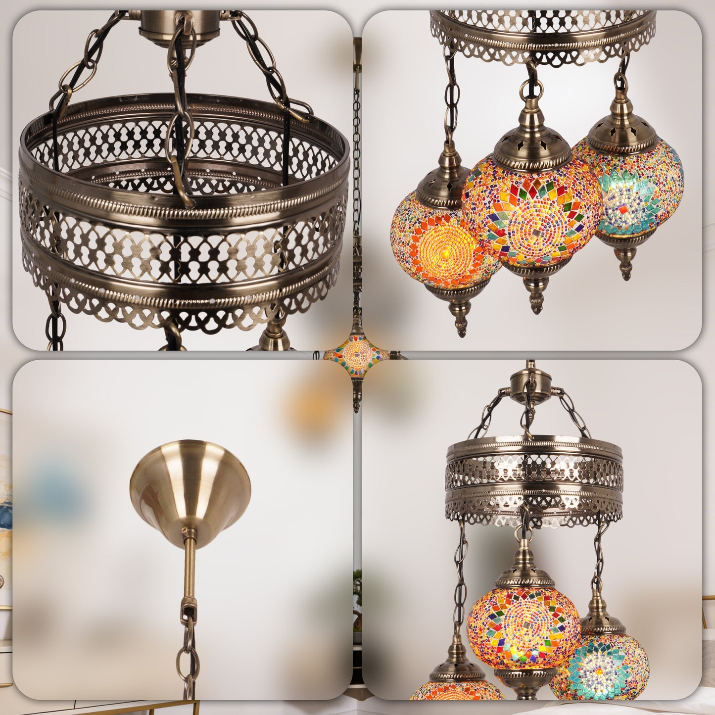 Turkish Mosaic 3-Light Chandelier - Antique Bronze Adjustable Pendant Lamp Includes Warm Light Bulbs, Bohemian Style