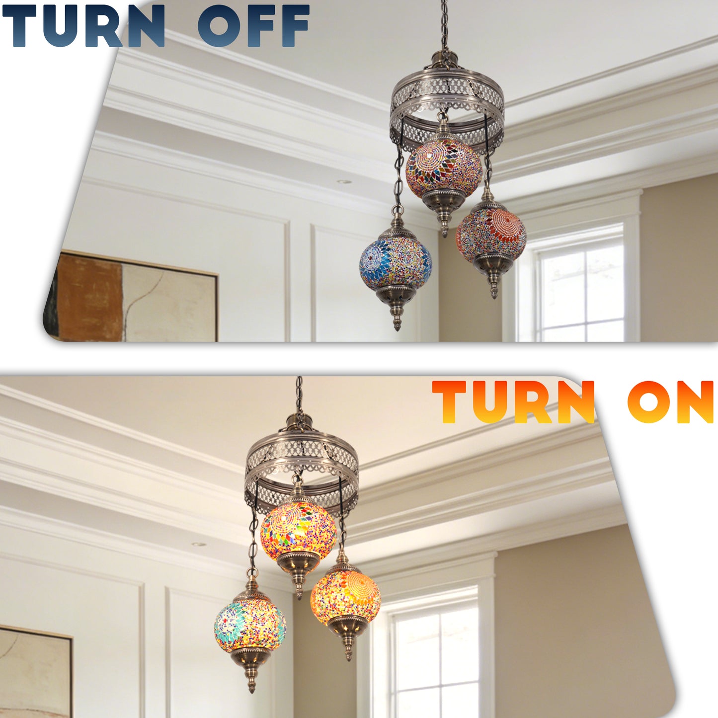 Turkish Mosaic 3-Light Chandelier - Antique Bronze Adjustable Pendant Lamp Includes Warm Light Bulbs, Bohemian Style