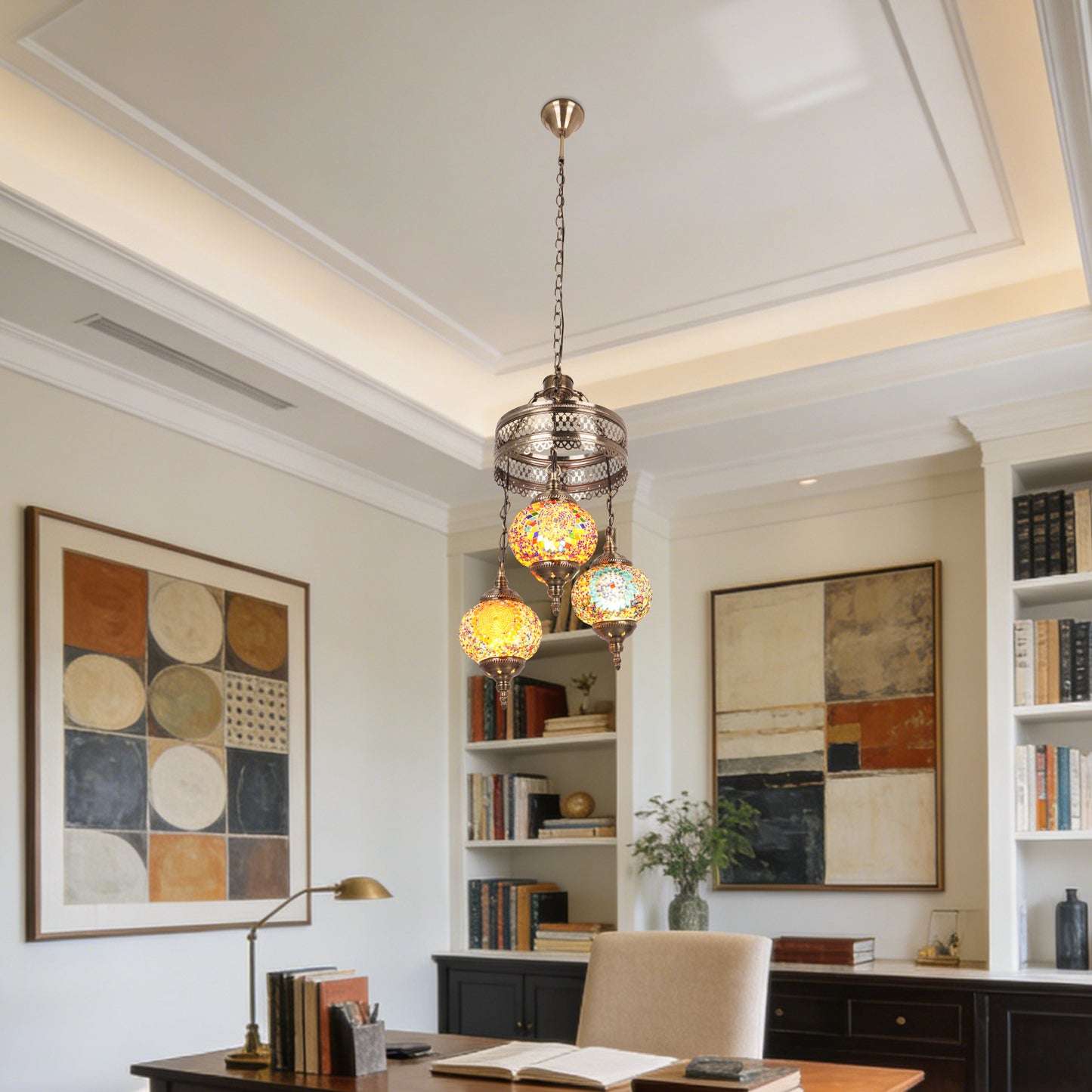 Turkish Mosaic 3-Light Chandelier - Antique Bronze Adjustable Pendant Lamp Includes Warm Light Bulbs, Bohemian Style