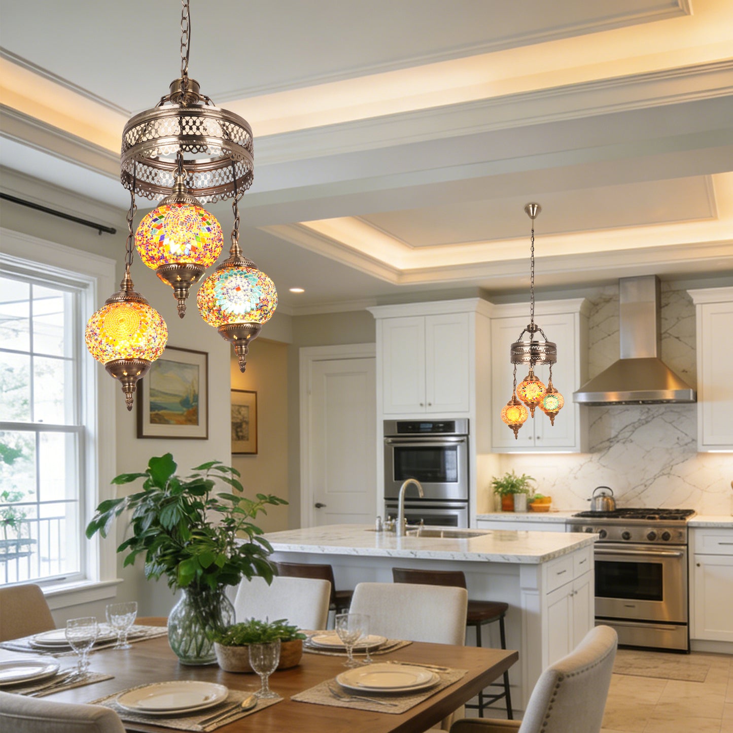 Turkish Mosaic 3-Light Chandelier - Antique Bronze Adjustable Pendant Lamp Includes Warm Light Bulbs, Bohemian Style