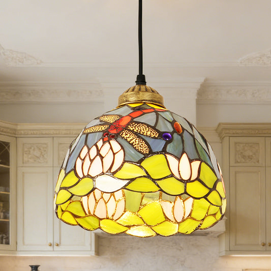 Vintage Stained Glass Lotus Dragonfly Pendant Light - Tiffany Style Mini Ceiling Lamp