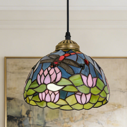 Vintage Stained Glass Lotus Dragonfly Pendant Light - Tiffany Style Mini Ceiling Lamp