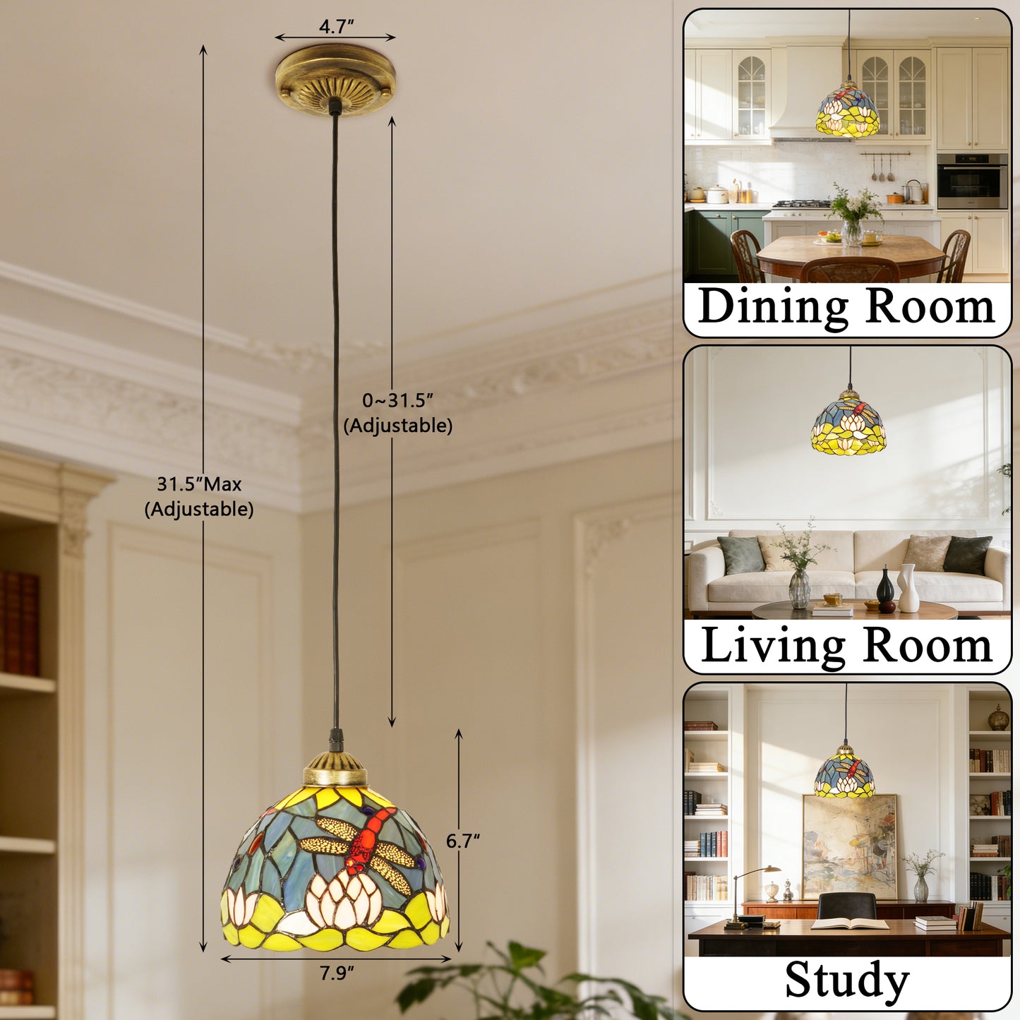 Vintage Stained Glass Lotus Dragonfly Pendant Light - Tiffany Style Mini Ceiling Lamp