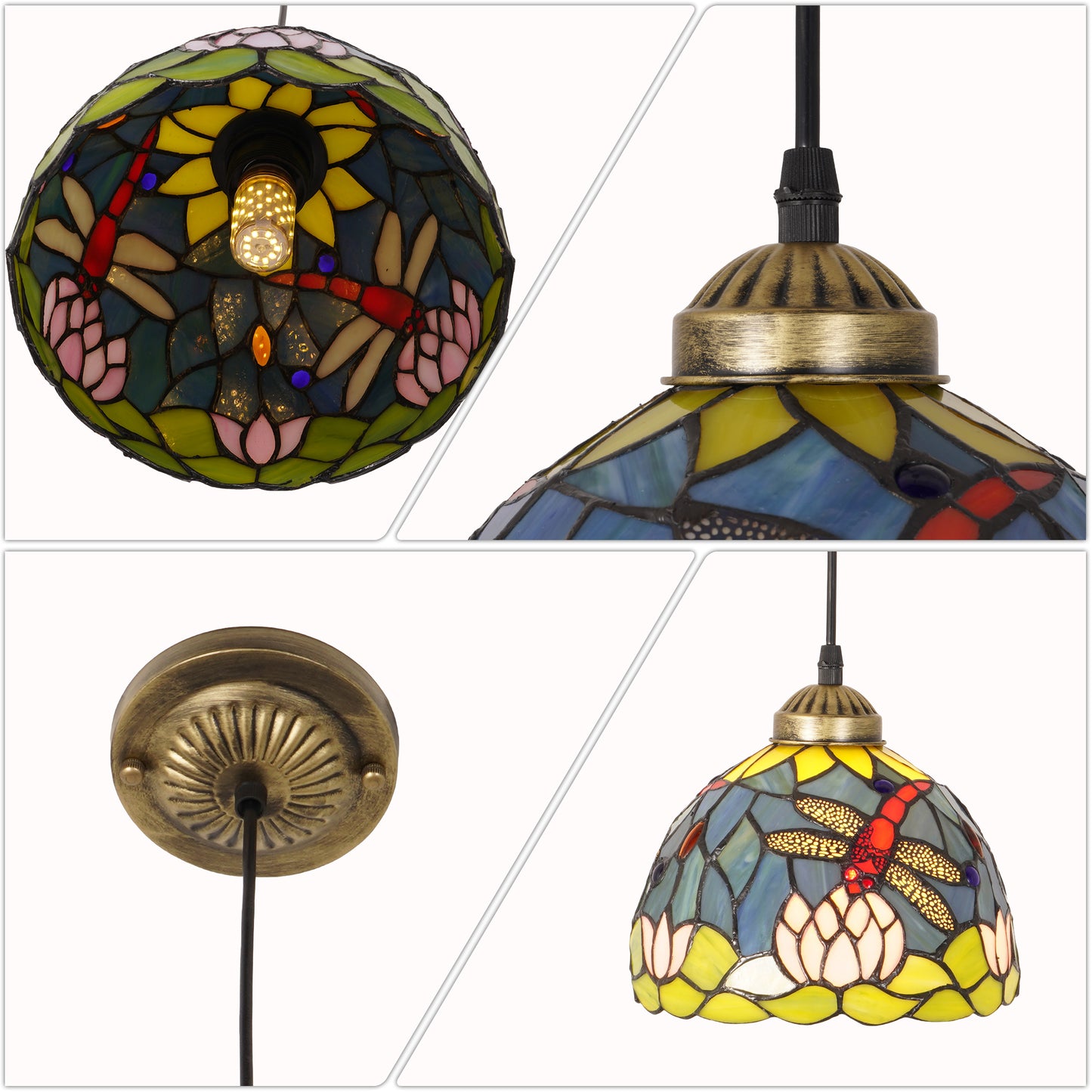 Vintage Stained Glass Lotus Dragonfly Pendant Light - Tiffany Style Mini Ceiling Lamp