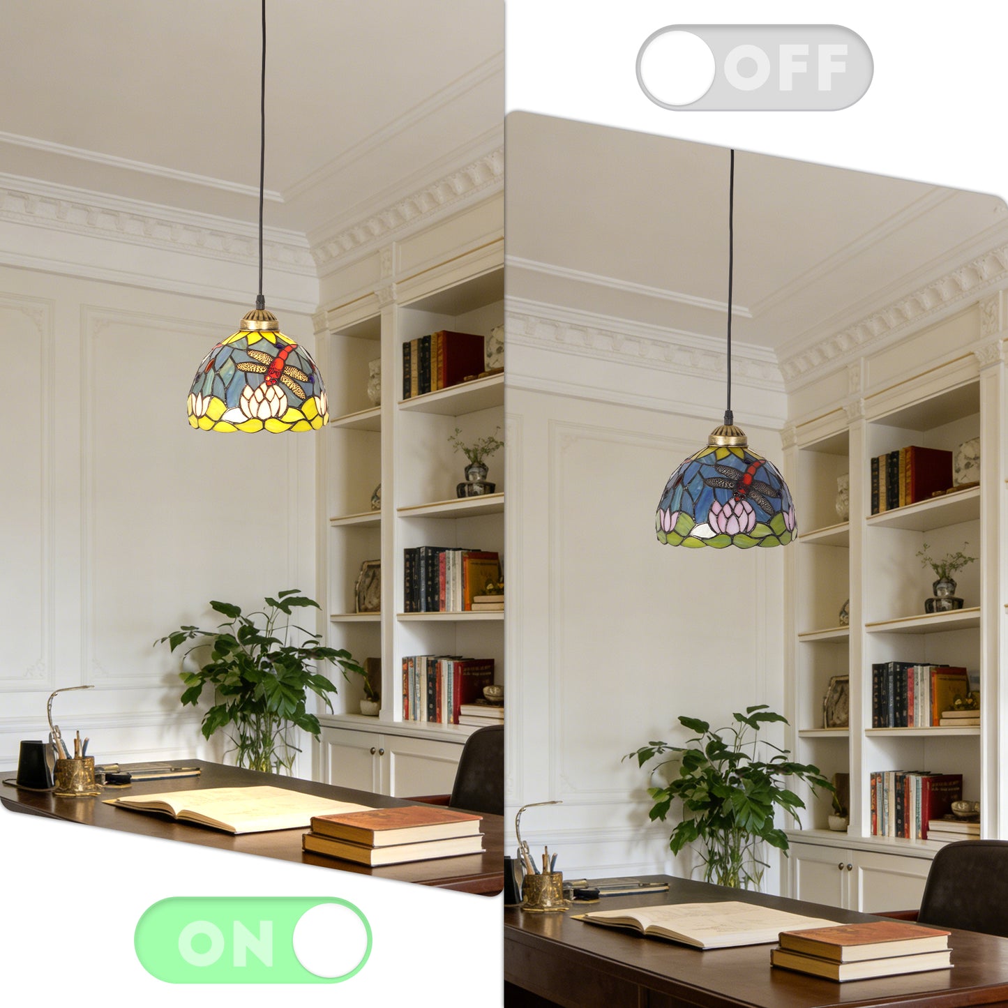 Vintage Stained Glass Lotus Dragonfly Pendant Light - Tiffany Style Mini Ceiling Lamp