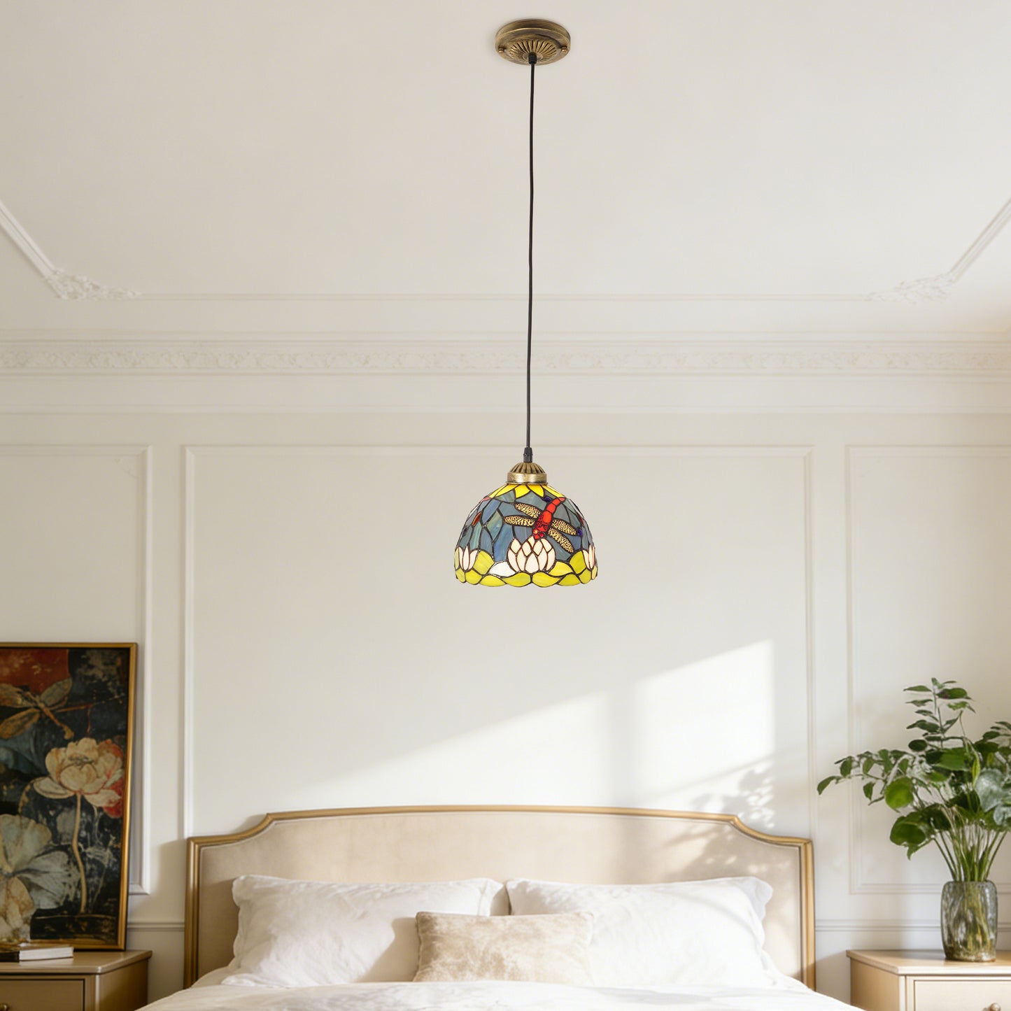 Vintage Stained Glass Lotus Dragonfly Pendant Light - Tiffany Style Mini Ceiling Lamp
