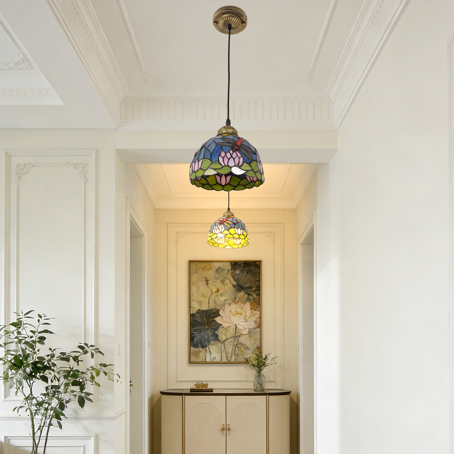 Vintage Stained Glass Lotus Dragonfly Pendant Light - Tiffany Style Mini Ceiling Lamp