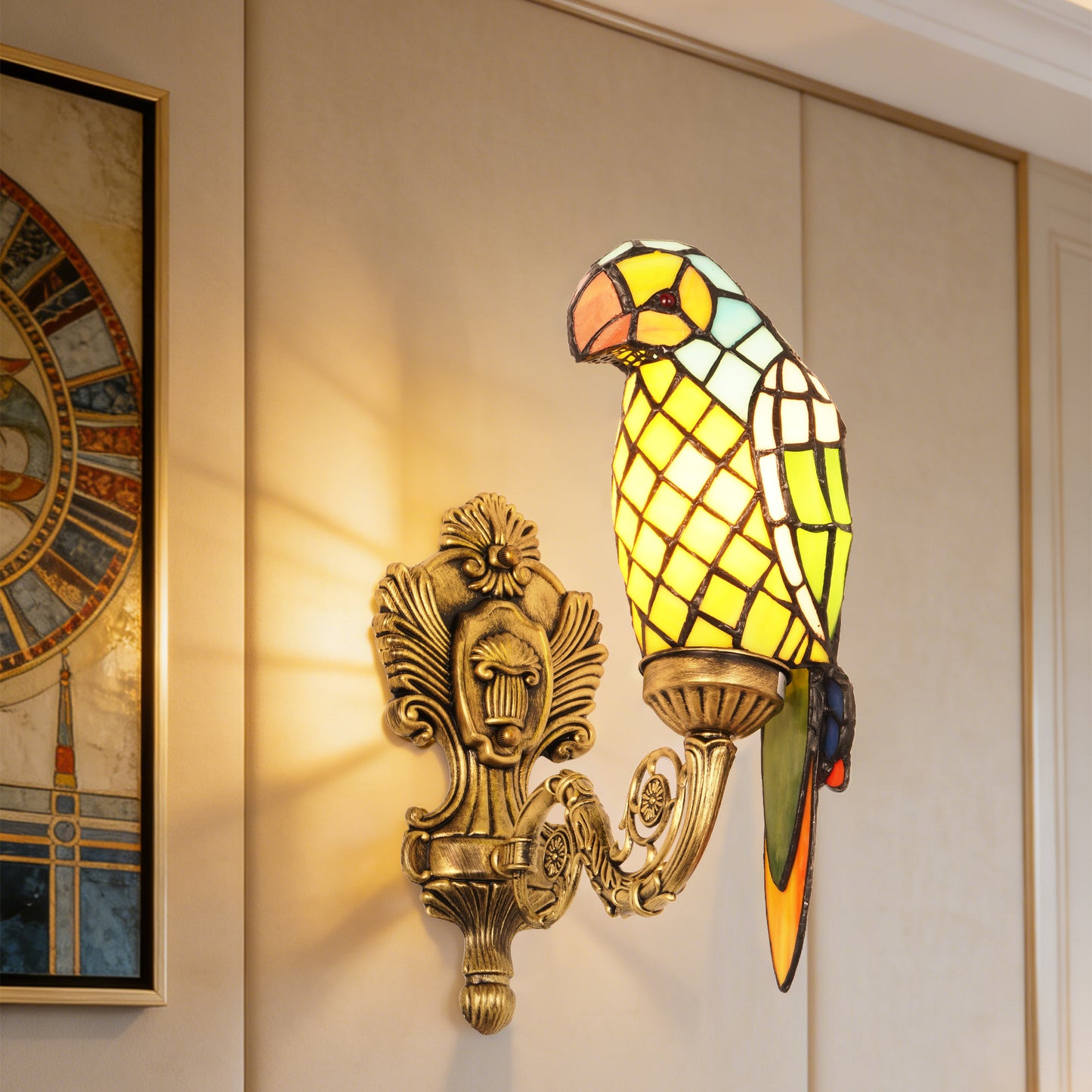 Vintage Tiffany Style Parrot Stained Glass Wall Sconce - Art Glass Bird Wall Light with Antique Brass Base