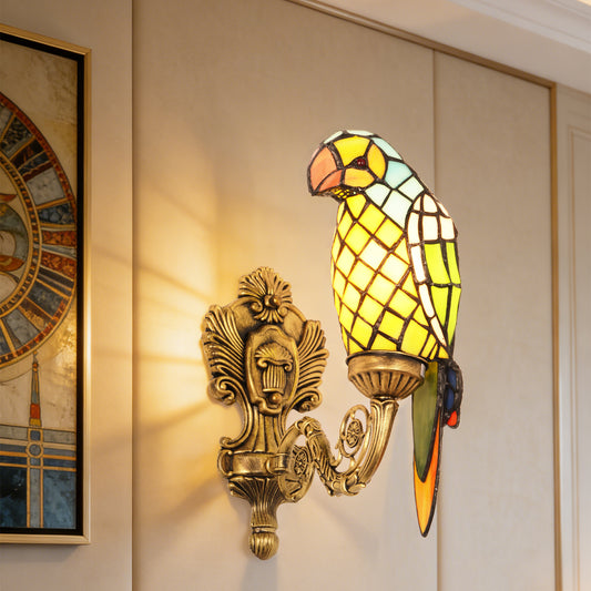 Vintage Tiffany Style Parrot Stained Glass Wall Sconce - Art Glass Bird Wall Light with Antique Brass Base