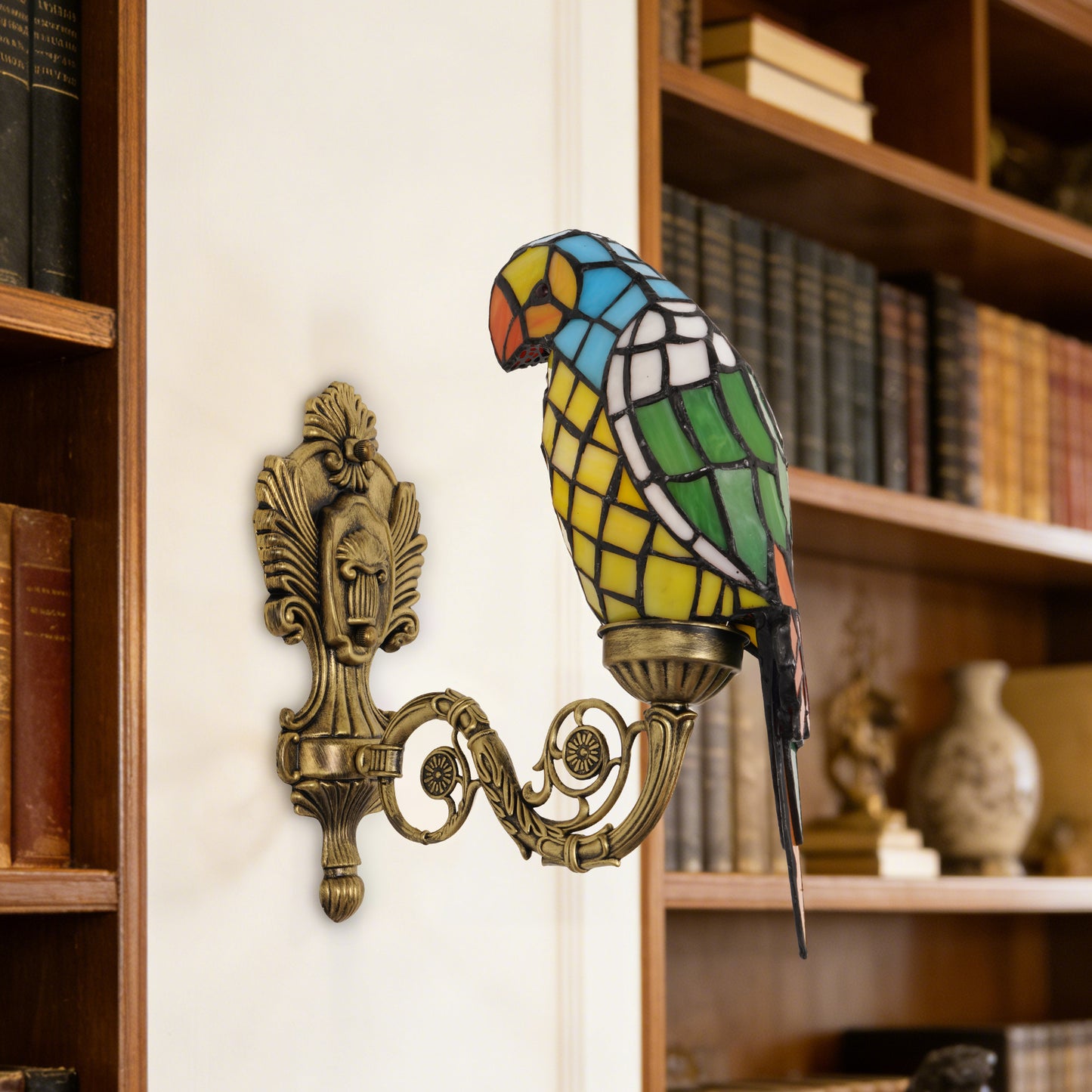 Vintage Tiffany Style Parrot Stained Glass Wall Sconce - Art Glass Bird Wall Light with Antique Brass Base
