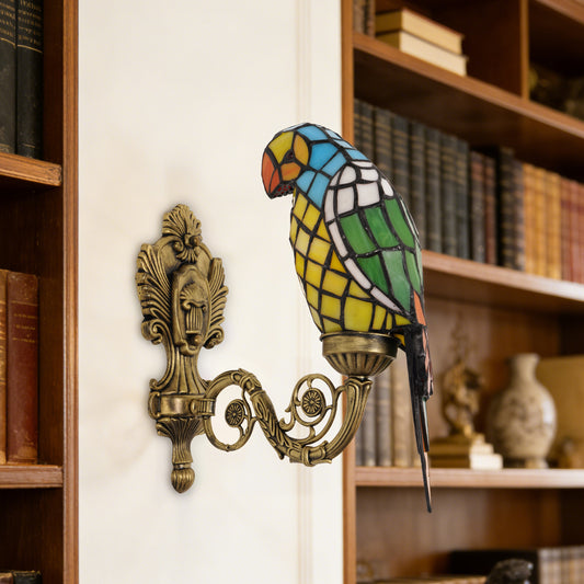 Vintage Tiffany Style Parrot Stained Glass Wall Sconce - Art Glass Bird Wall Light with Antique Brass Base