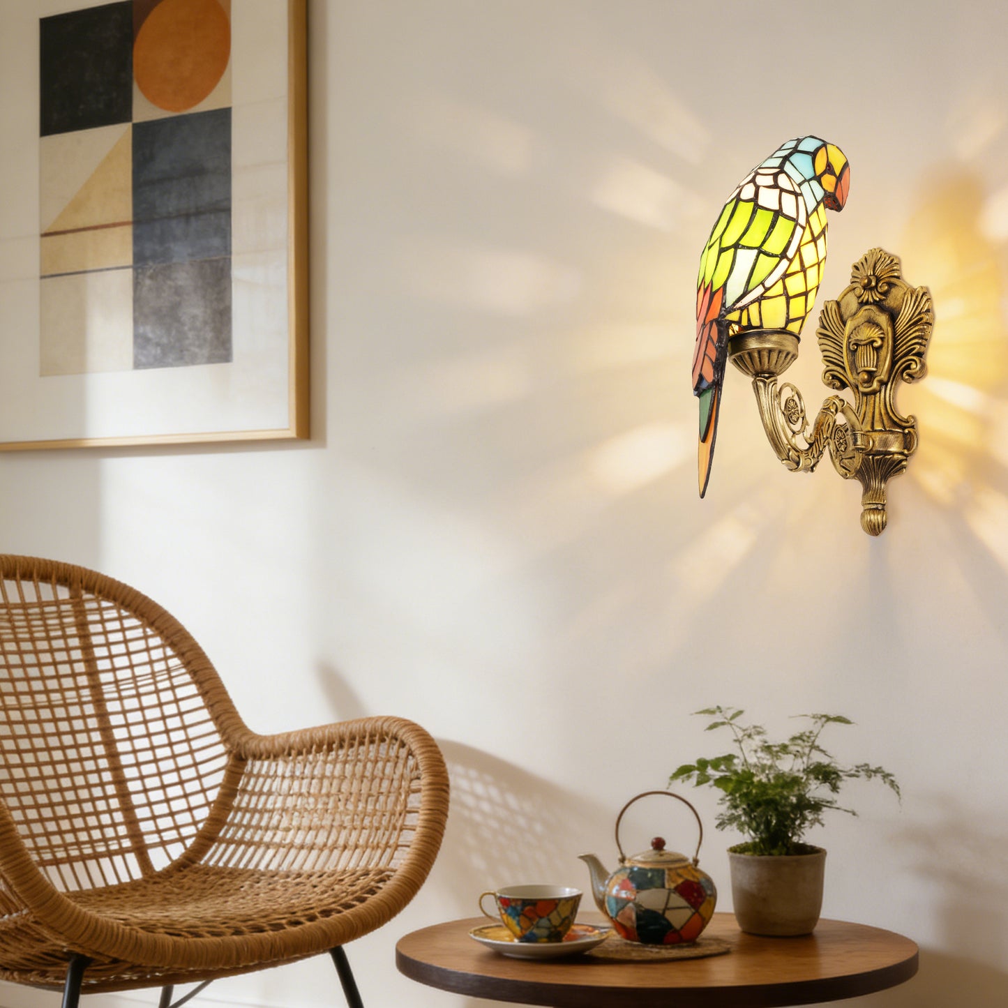 Vintage Tiffany Style Parrot Stained Glass Wall Sconce - Art Glass Bird Wall Light with Antique Brass Base