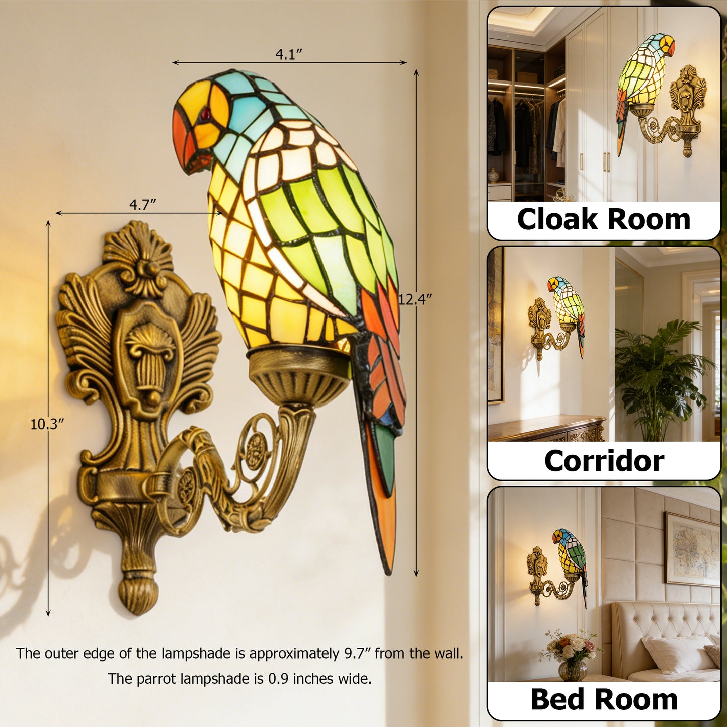 Vintage Tiffany Style Parrot Stained Glass Wall Sconce - Art Glass Bird Wall Light with Antique Brass Base