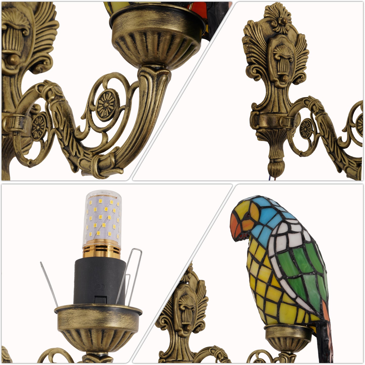 Vintage Tiffany Style Parrot Stained Glass Wall Sconce - Art Glass Bird Wall Light with Antique Brass Base