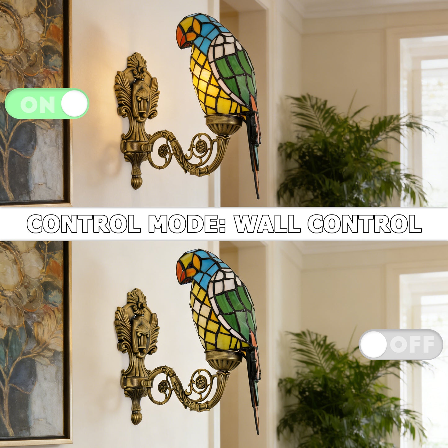 Vintage Tiffany Style Parrot Stained Glass Wall Sconce - Art Glass Bird Wall Light with Antique Brass Base