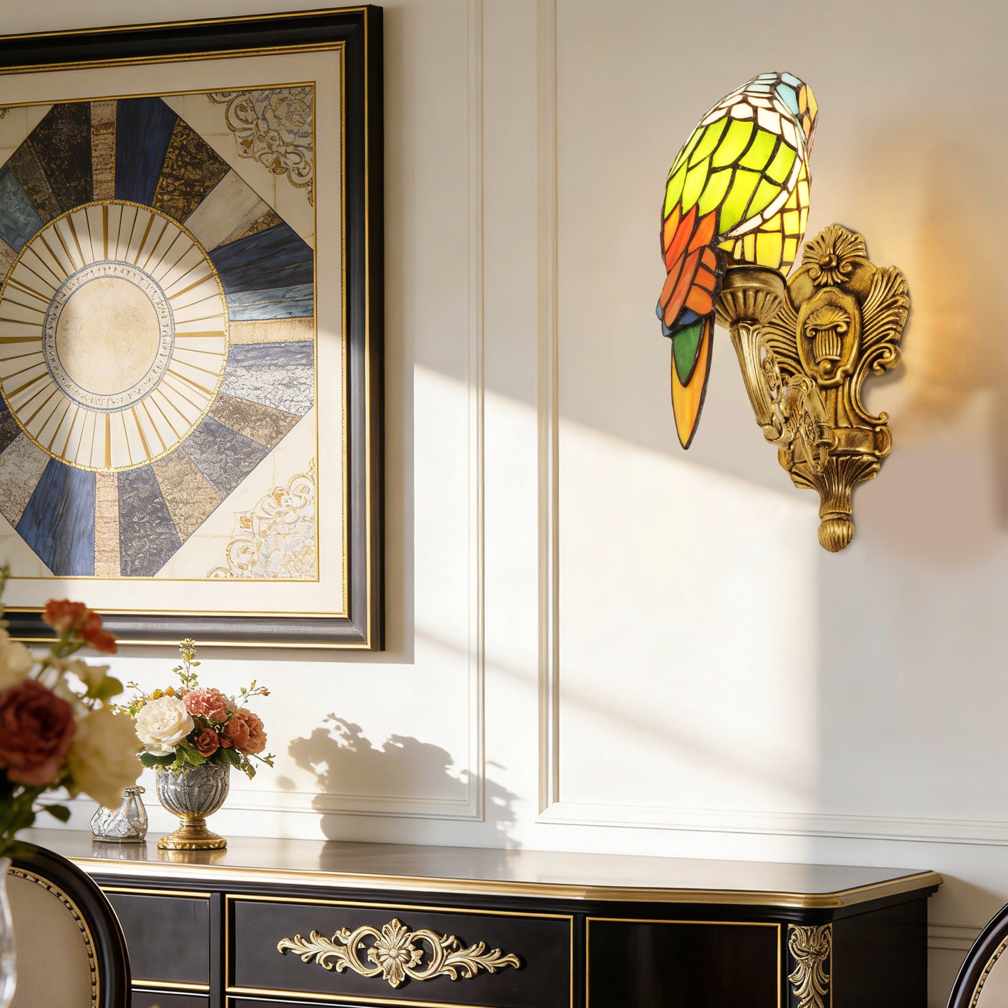 Vintage Tiffany Style Parrot Stained Glass Wall Sconce - Art Glass Bird Wall Light with Antique Brass Base