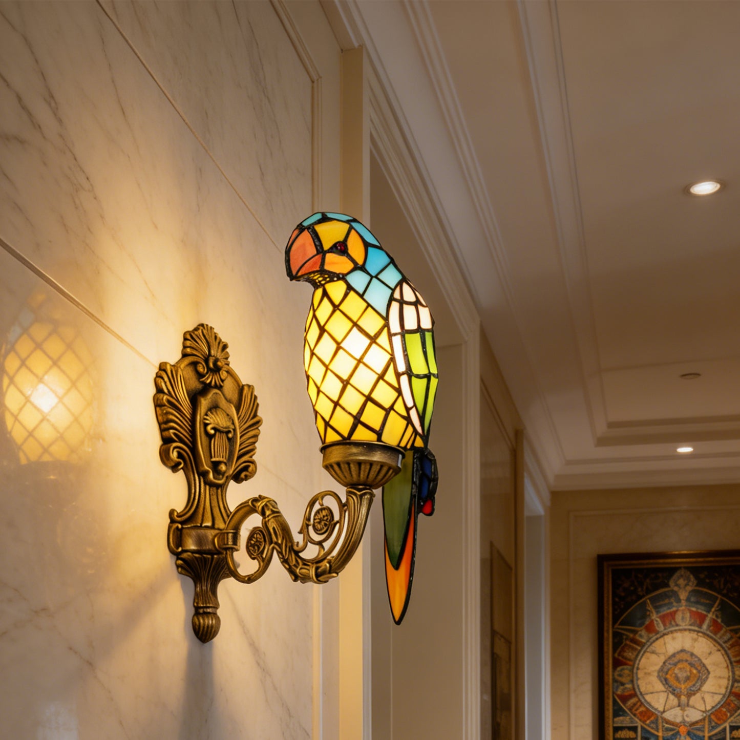 Vintage Tiffany Style Parrot Stained Glass Wall Sconce - Art Glass Bird Wall Light with Antique Brass Base