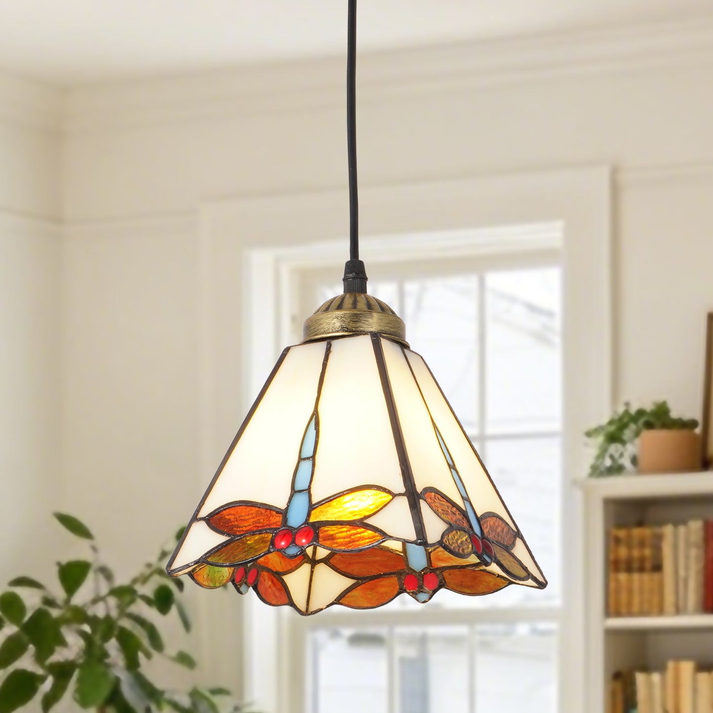 Vintage Handcrafted Stained Glass Pendant Light | Dragonfly Pattern Adjustable Hanging Lamp