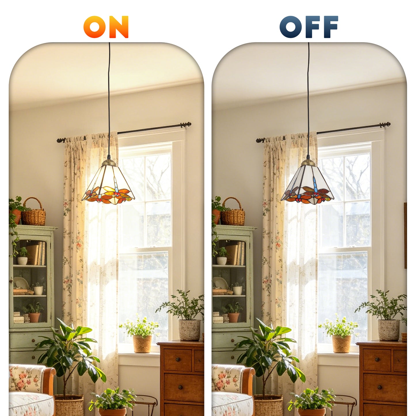 Vintage Handcrafted Stained Glass Pendant Light | Dragonfly Pattern Adjustable Hanging Lamp