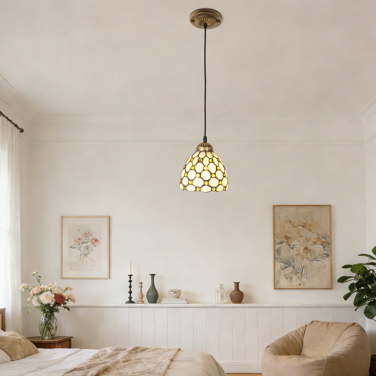 Vintage Stained Glass Honeycomb Pendant Light - Tiffany Style