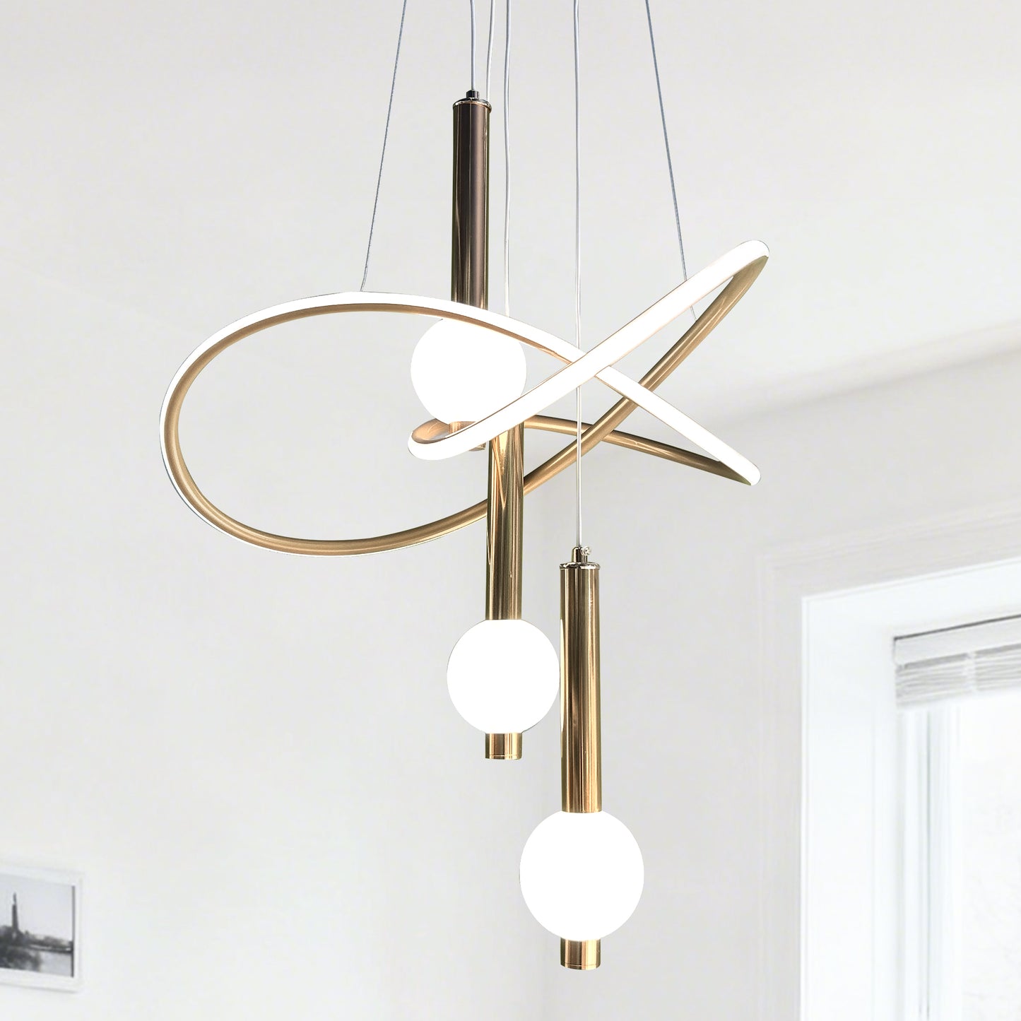 Modern Luxury Gold Ring 3-Ball Pendant Light - Adjustable 3-Color Dimmable LED Chandelier