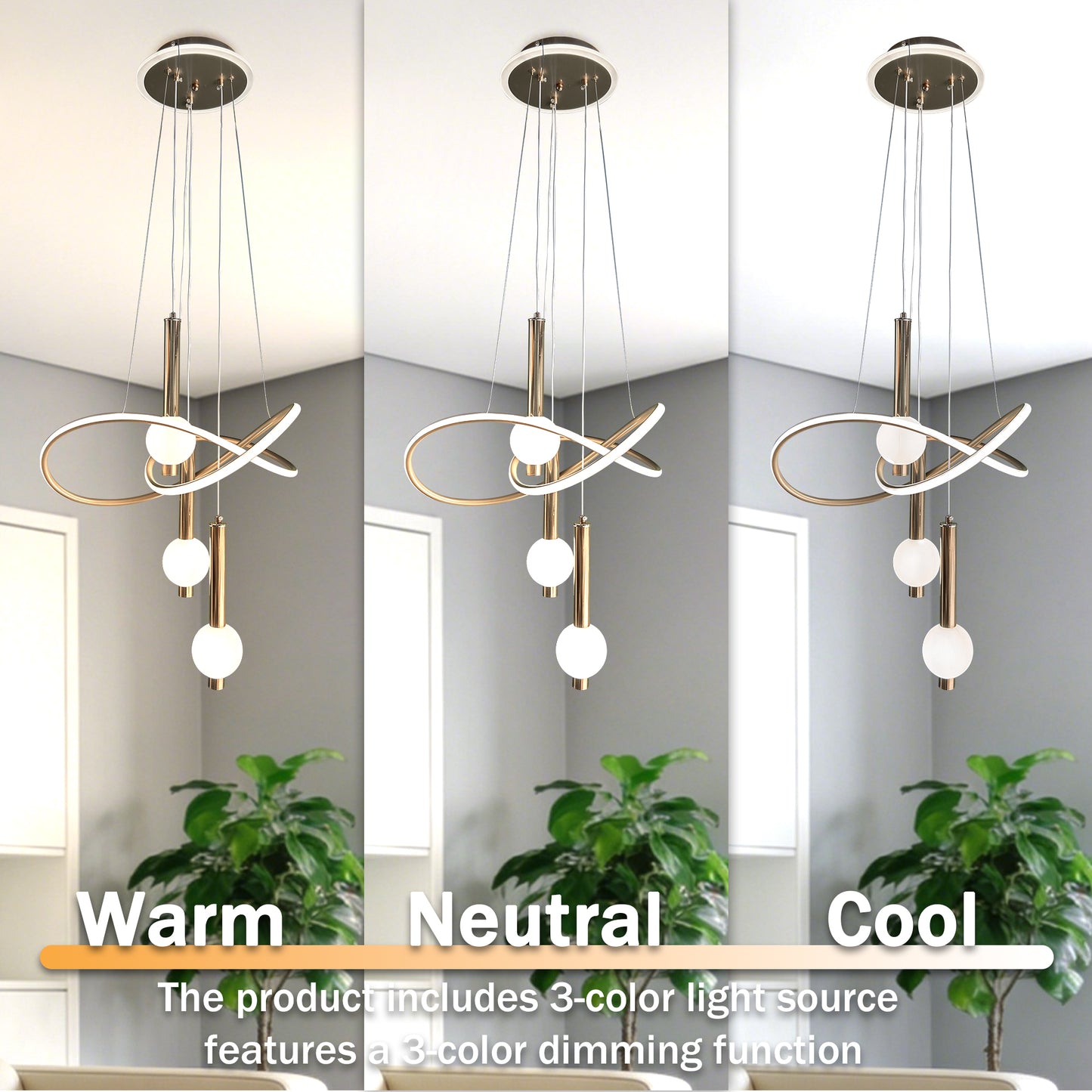 Modern Luxury Gold Ring 3-Ball Pendant Light - Adjustable 3-Color Dimmable LED Chandelier