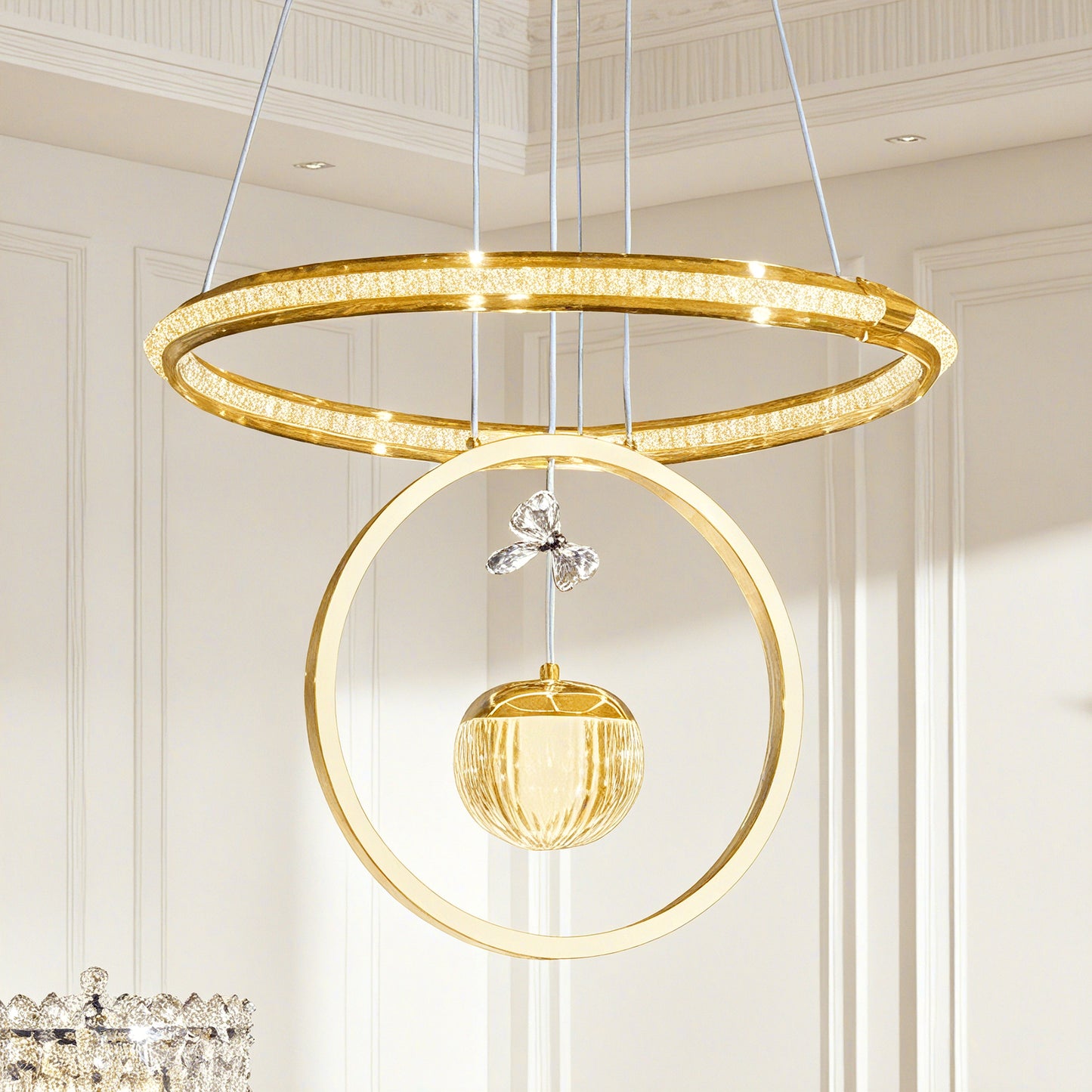 Modern Luxury Gold Double Ring Crystal Pendant Light - 3-Color Dimmable LED Chandelier
