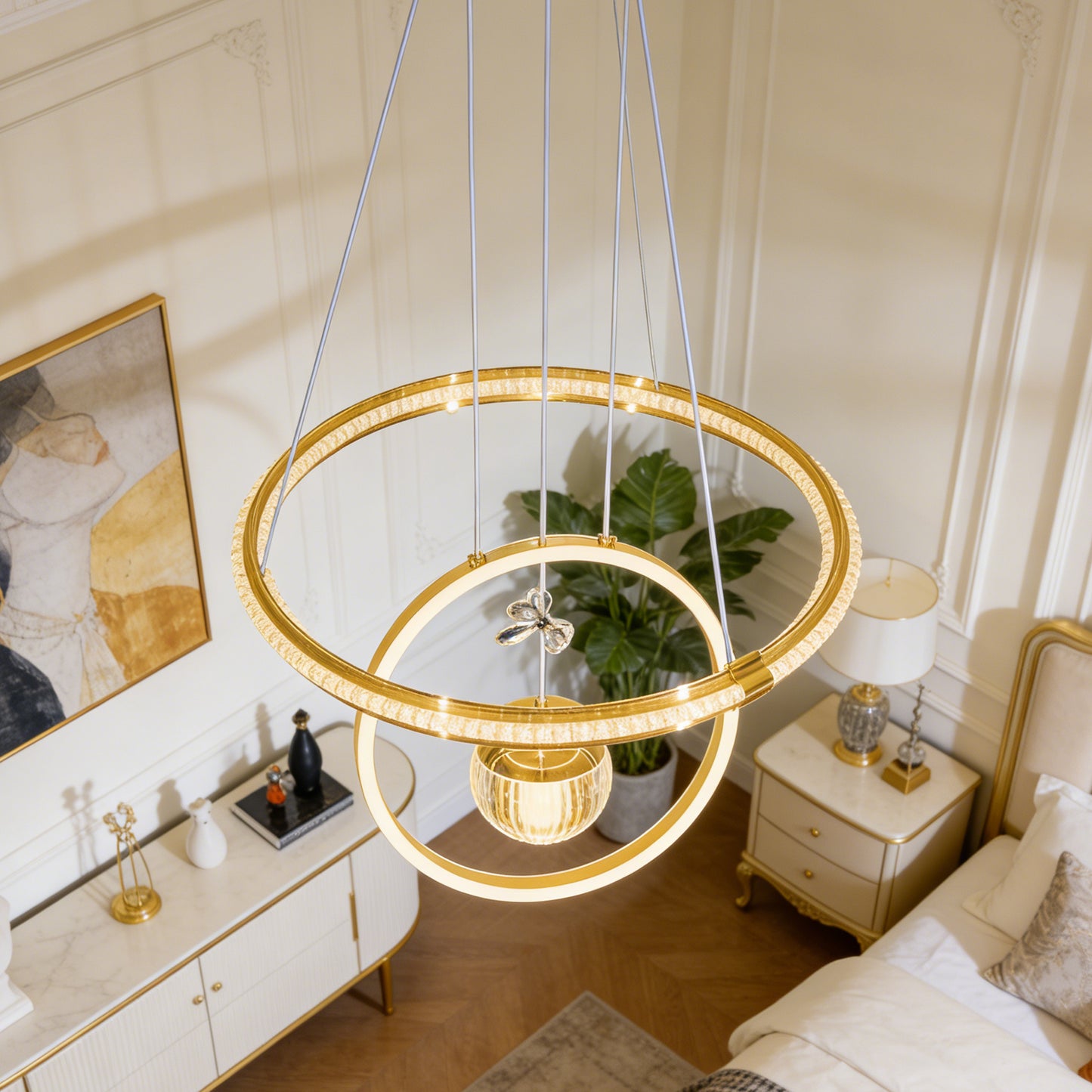 Modern Luxury Gold Double Ring Crystal Pendant Light - 3-Color Dimmable LED Chandelier