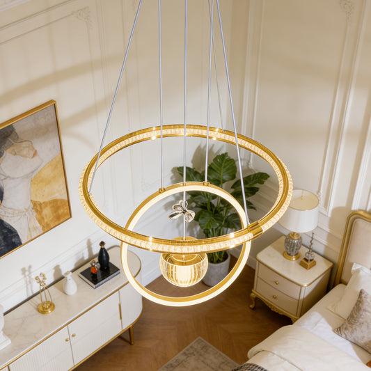 Modern Luxury Gold Double Ring Crystal Pendant Light - 3-Color Dimmable LED Chandelier