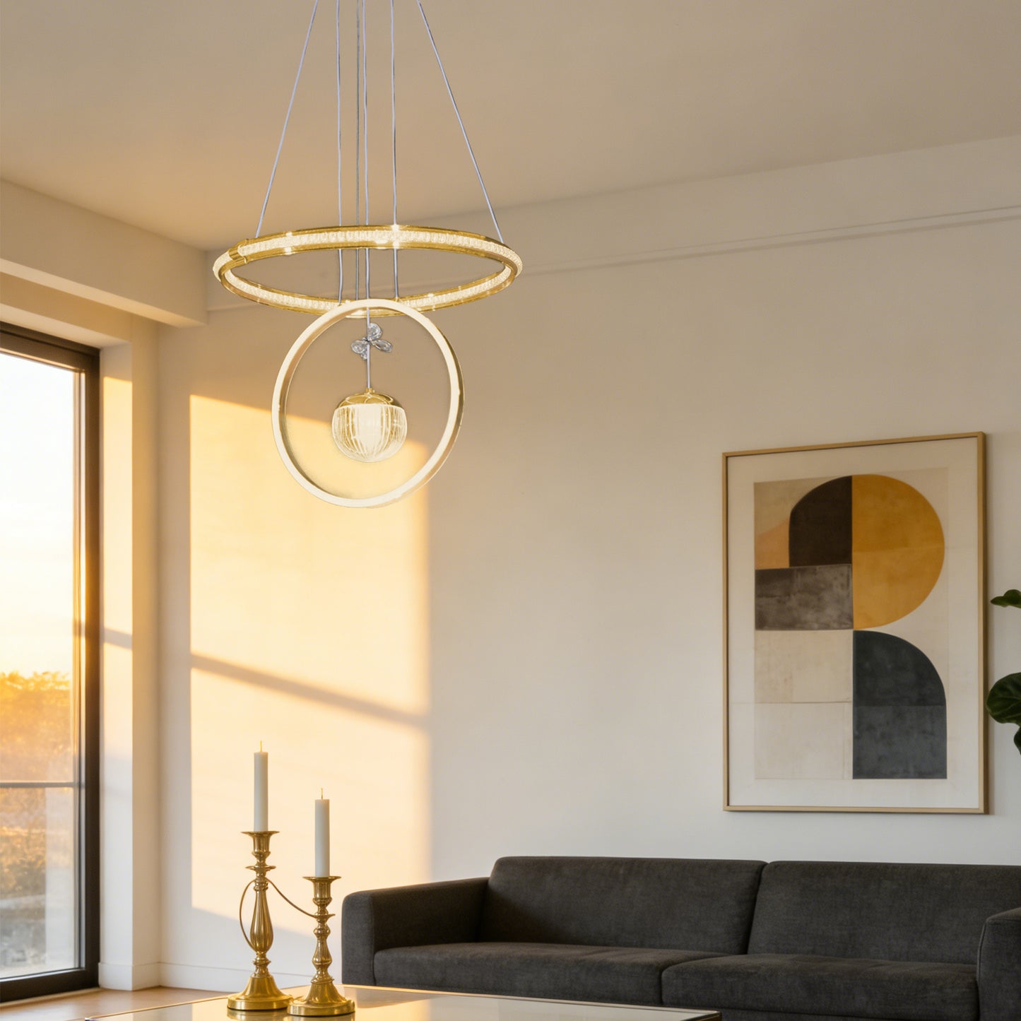 Modern Luxury Gold Double Ring Crystal Pendant Light - 3-Color Dimmable LED Chandelier