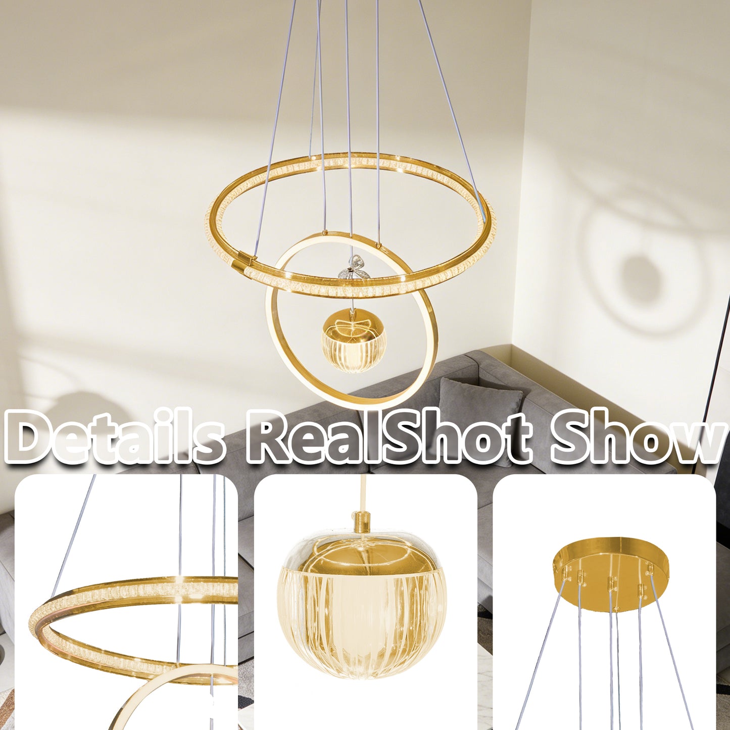 Modern Luxury Gold Double Ring Crystal Pendant Light - 3-Color Dimmable LED Chandelier