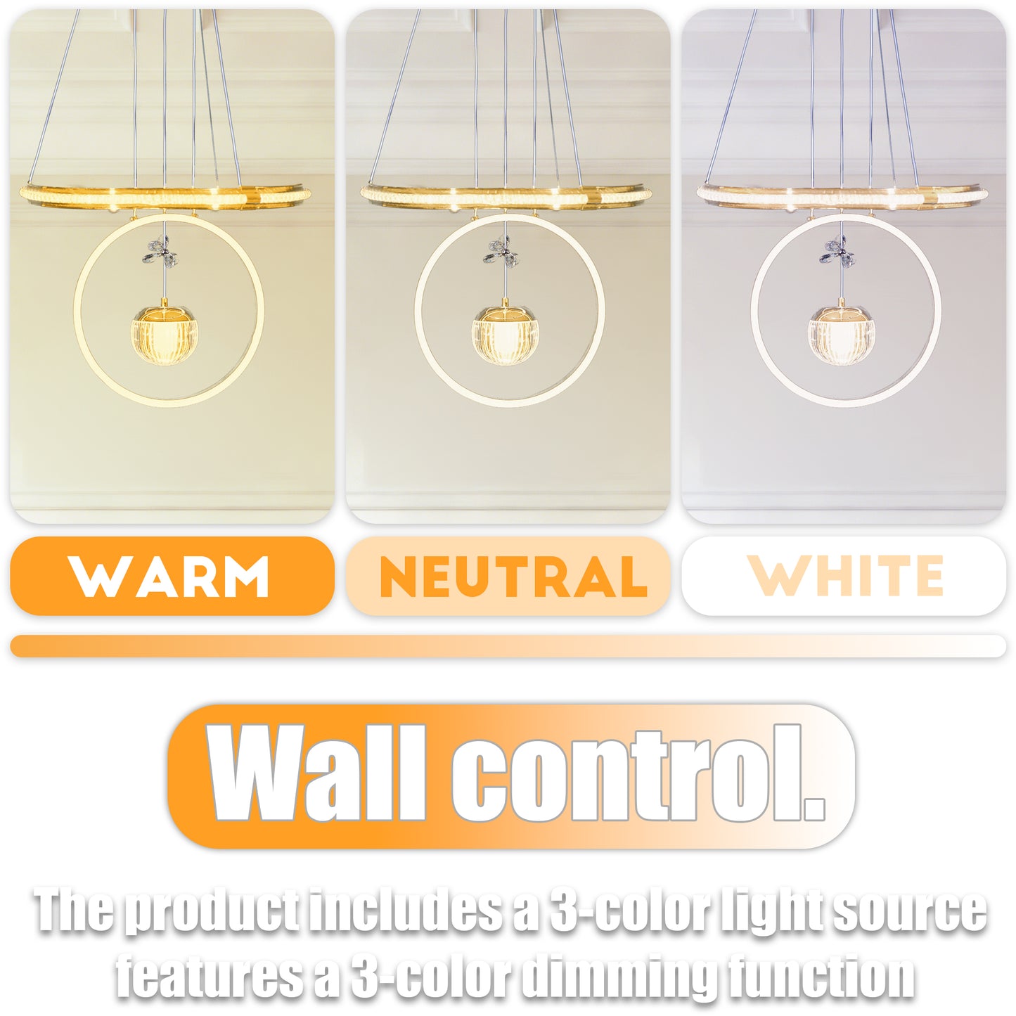 Modern Luxury Gold Double Ring Crystal Pendant Light - 3-Color Dimmable LED Chandelier