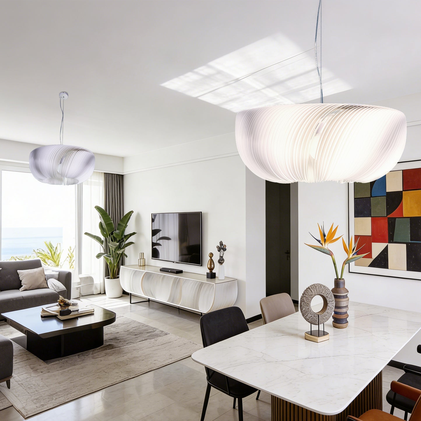 Modern White Ribbed Pendant Light - 3-Color Dimmable LED Chandelier Adjustable Height, Minimalist Style