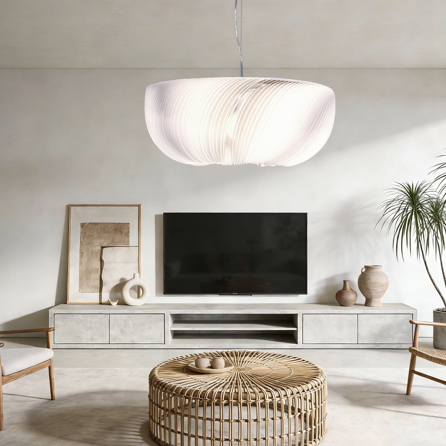 Modern White Ribbed Pendant Light - 3-Color Dimmable LED Chandelier Adjustable Height, Minimalist Style