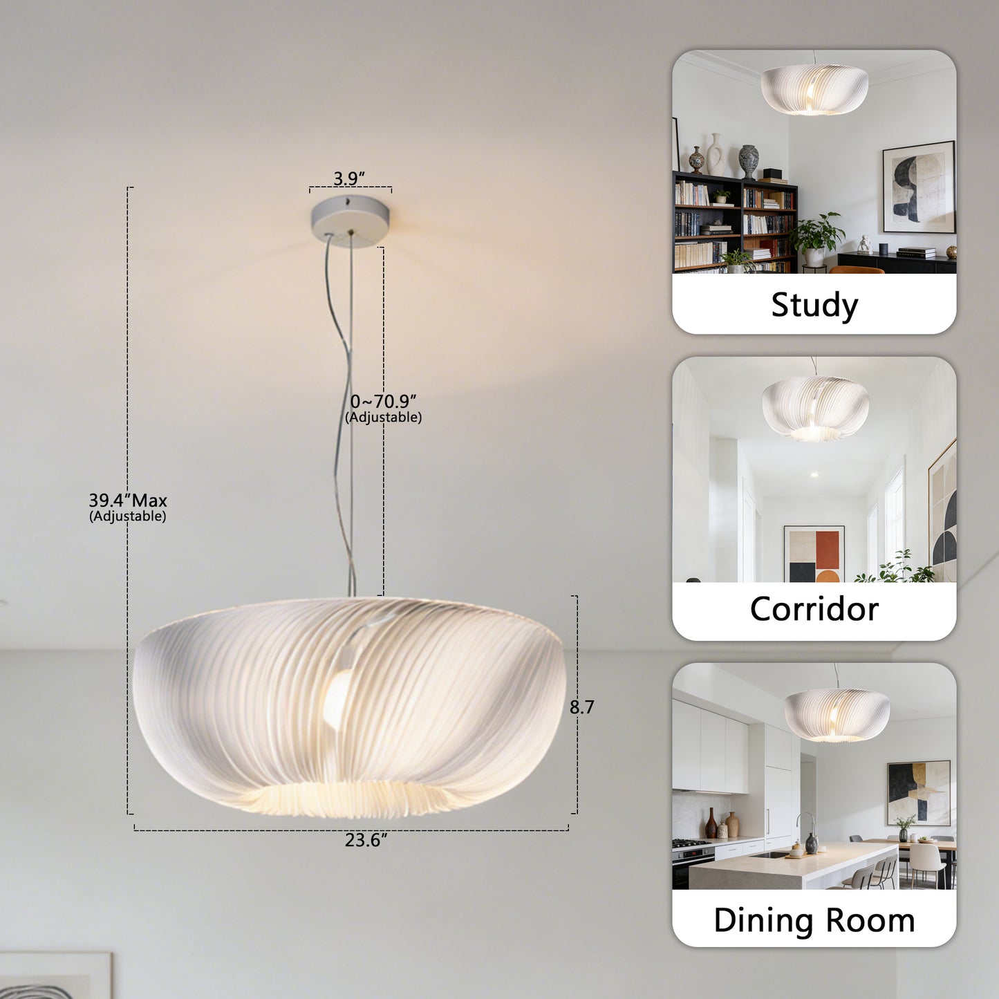 Modern White Ribbed Pendant Light - 3-Color Dimmable LED Chandelier Adjustable Height, Minimalist Style