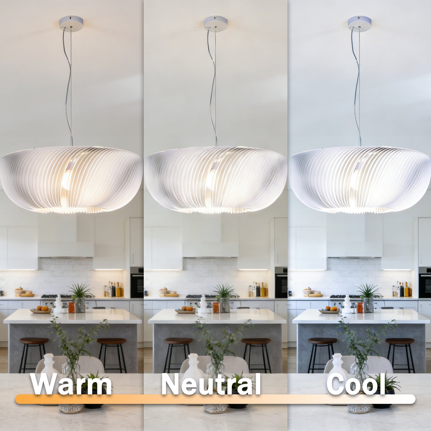 Modern White Ribbed Pendant Light - 3-Color Dimmable LED Chandelier Adjustable Height, Minimalist Style