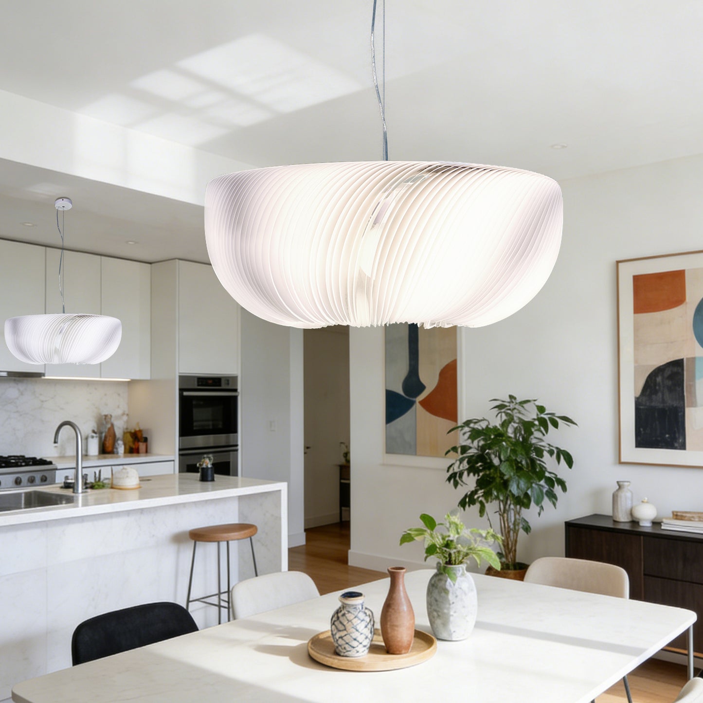 Modern White Ribbed Pendant Light - 3-Color Dimmable LED Chandelier Adjustable Height, Minimalist Style