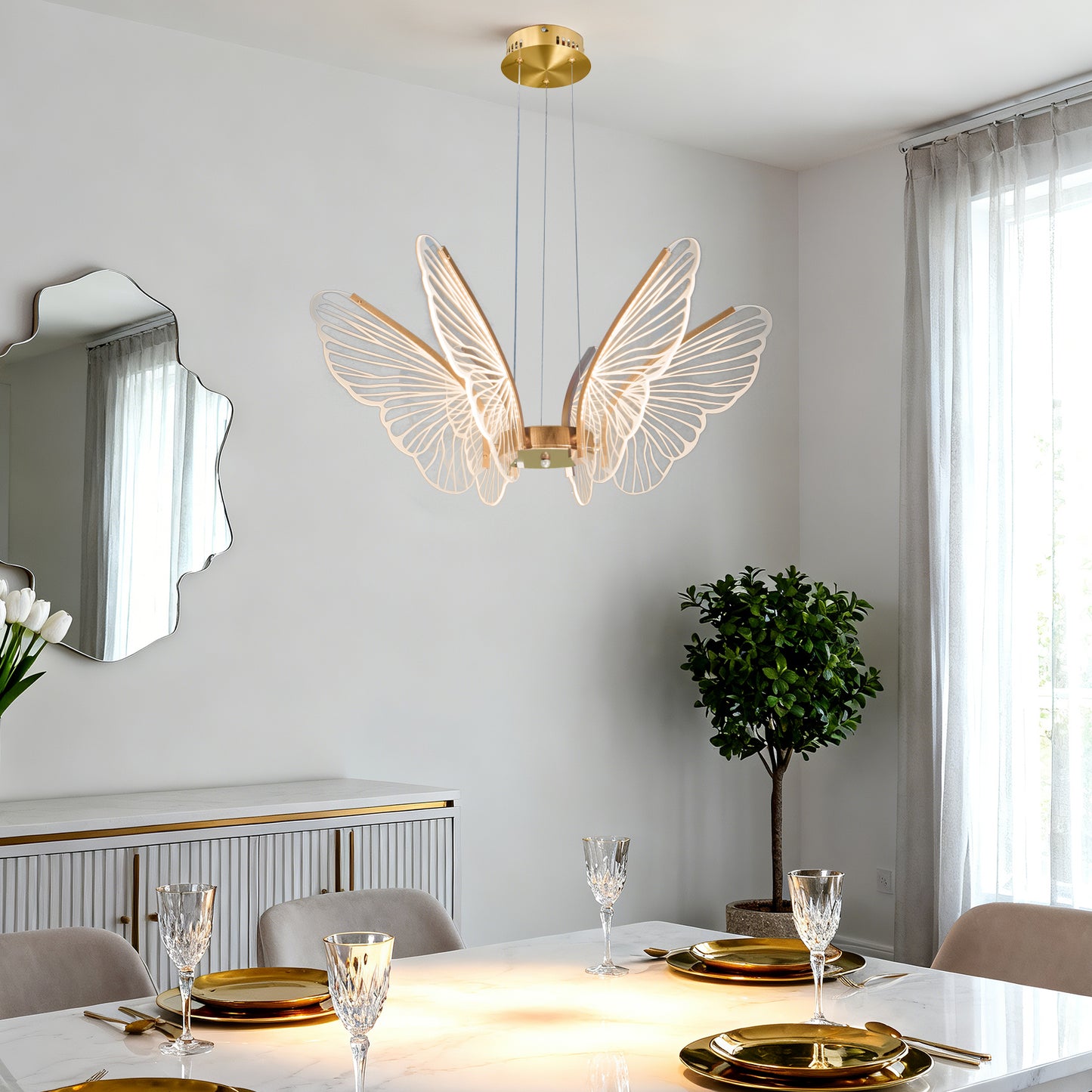 Dimmable 3-Color LED Butterfly Chandelier | Modern Gold Adjustable Height Pendant Light