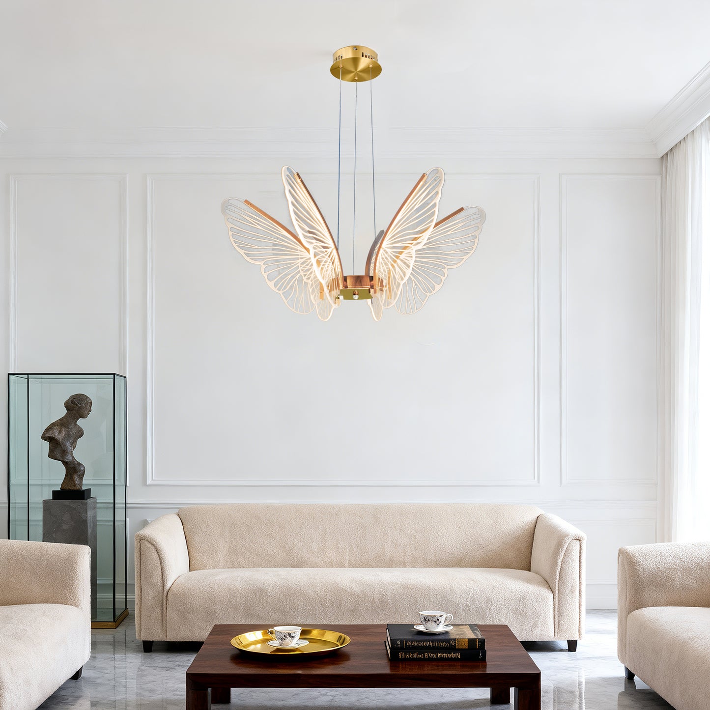 Dimmable 3-Color LED Butterfly Chandelier | Modern Gold Adjustable Height Pendant Light