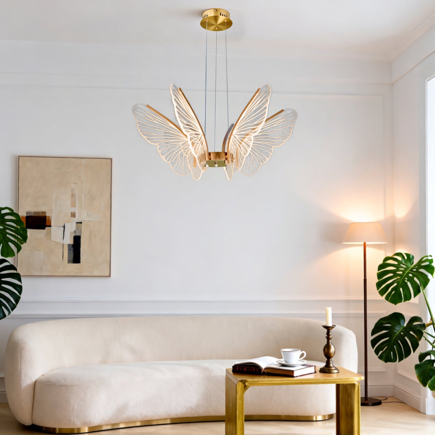 Dimmable 3-Color LED Butterfly Chandelier | Modern Gold Adjustable Height Pendant Light