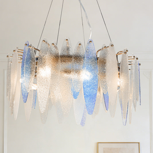 Modern Luxury Blue Gradient Glass Leaf Chandelier - 3-Color Dimmable E14 Pendant Light Gold Frame, Adjustable Height