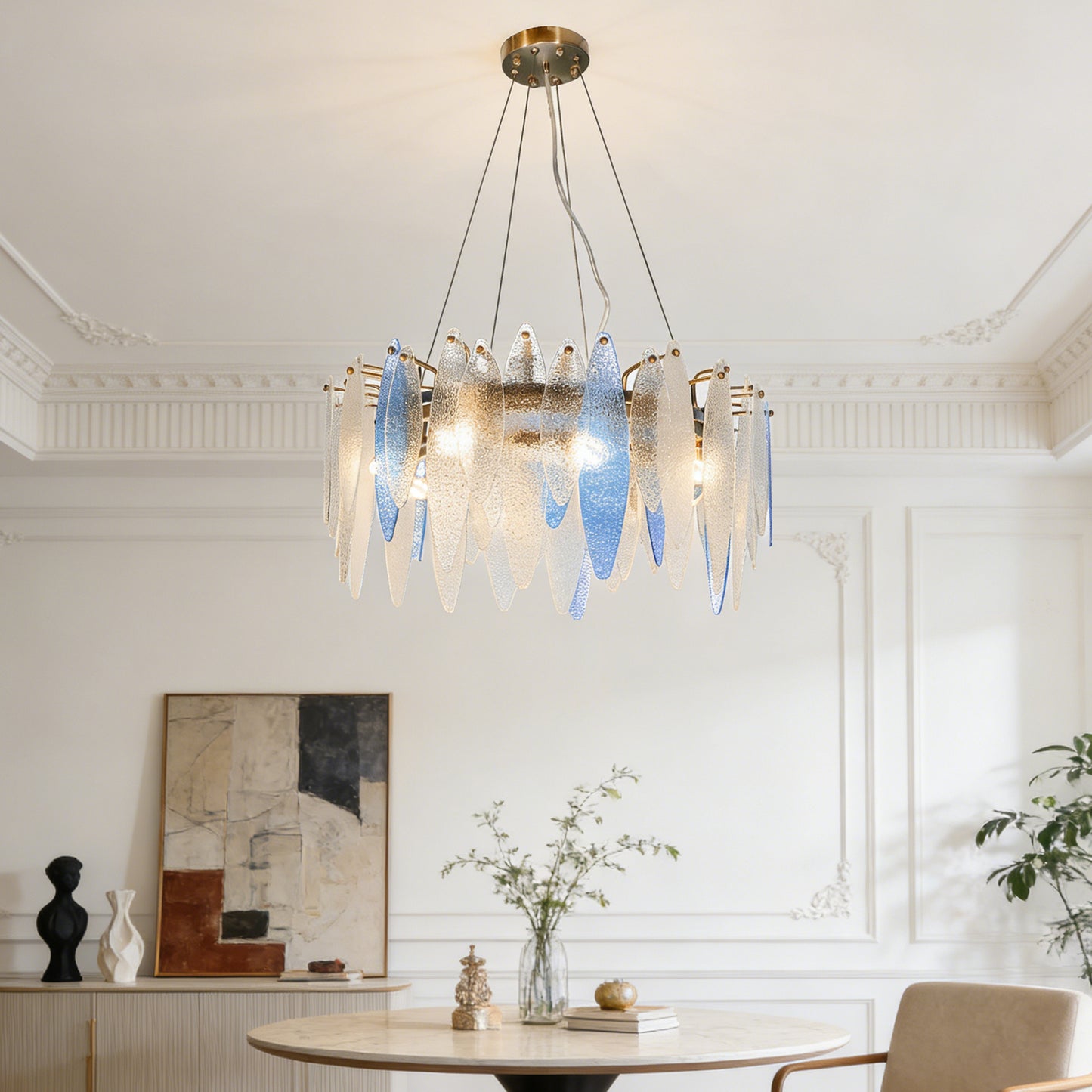 Modern Luxury Blue Gradient Glass Leaf Chandelier - 3-Color Dimmable E14 Pendant Light Gold Frame, Adjustable Height