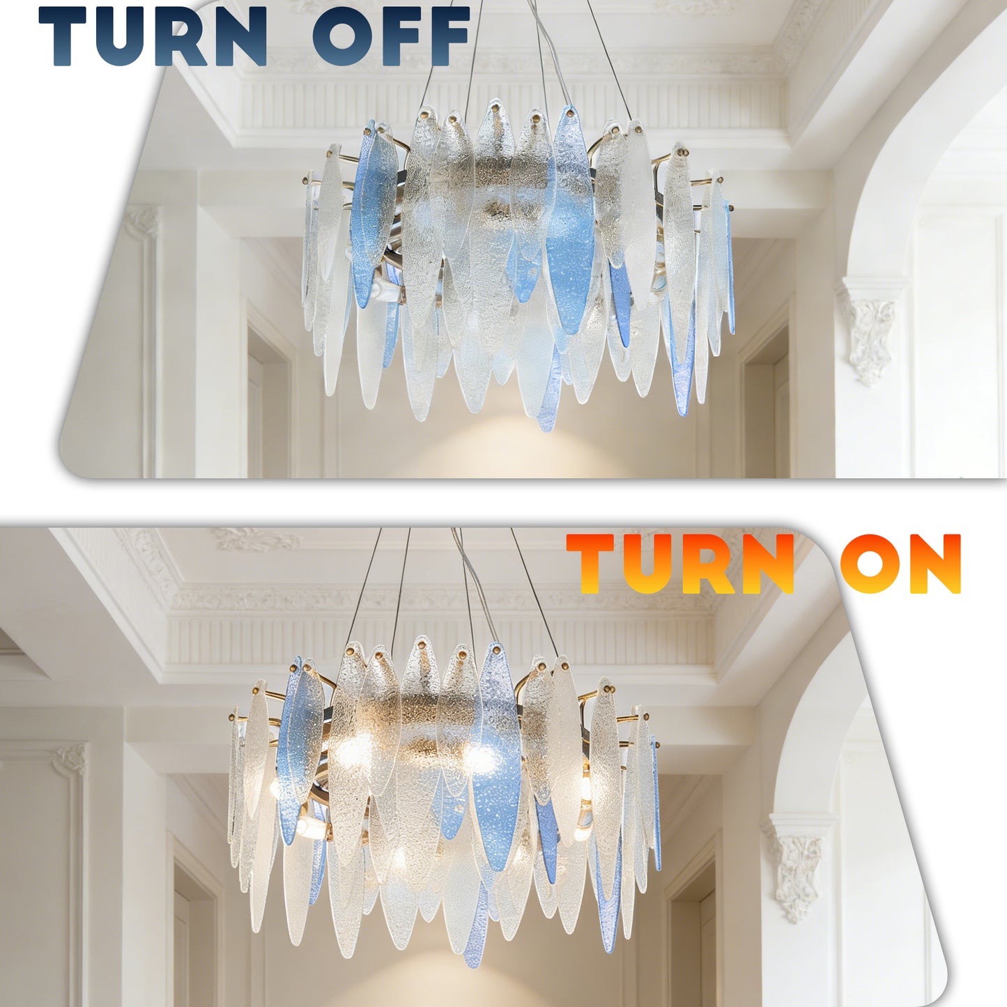 Modern Luxury Blue Gradient Glass Leaf Chandelier - 3-Color Dimmable E14 Pendant Light Gold Frame, Adjustable Height