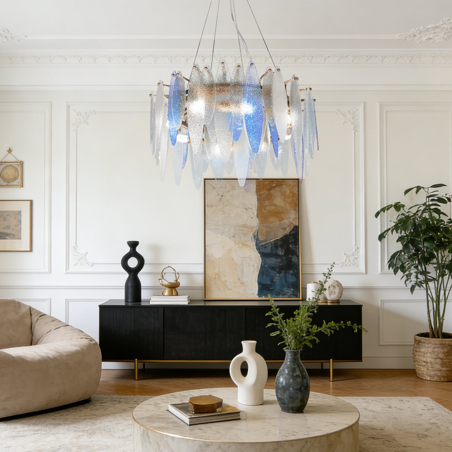 Modern Luxury Blue Gradient Glass Leaf Chandelier - 3-Color Dimmable E14 Pendant Light Gold Frame, Adjustable Height