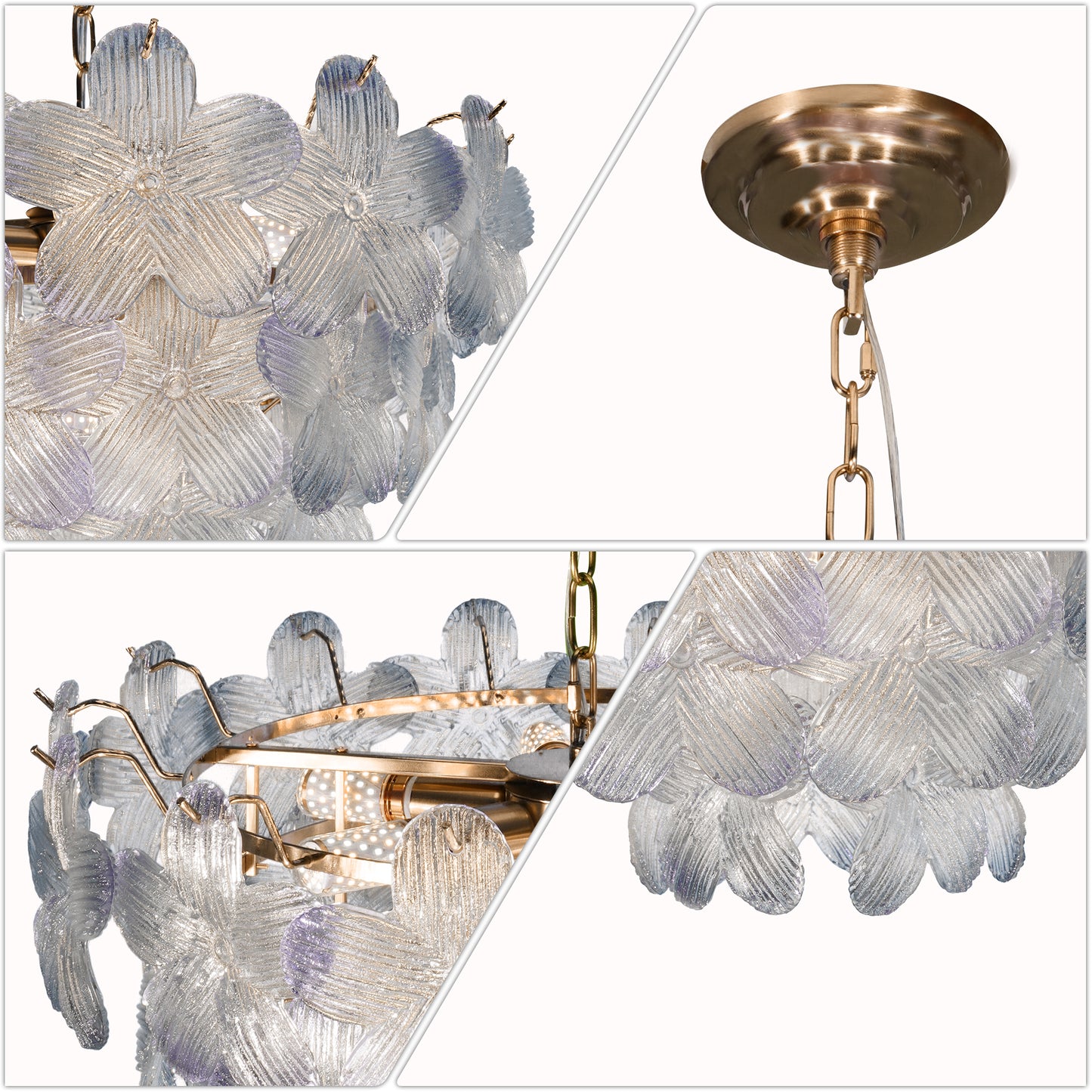 Modern Floral Textured Glass Chandelier, 3-Color Dimmable Pendant Light with Adjustable Chain