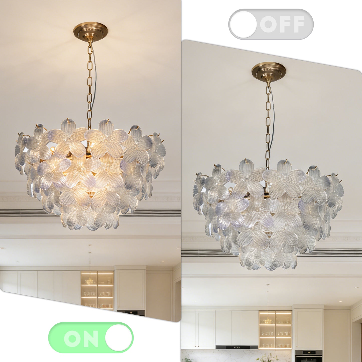 Modern Floral Textured Glass Chandelier, 3-Color Dimmable Pendant Light with Adjustable Chain